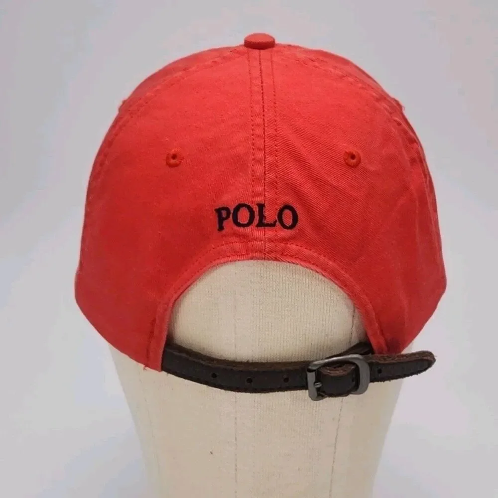 Polo Ralph Lauren Hat Cap Red Adjustable Leather Strap Cotton One Size Vintage